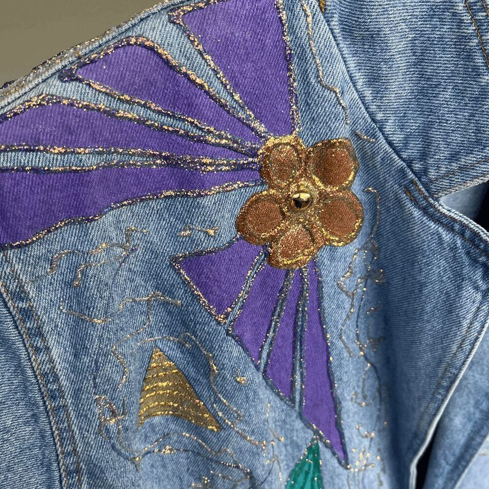 ✨ VTG 80s Sunbelt Denim Statement Trench w/ Glitter Puff Paint – M/L ✨ - Picture 6 of 8